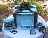Wedding Set  TIFFANY BLUE Choco Brown  DAMASK  Card Box Guest Book Pen Pillow Basket