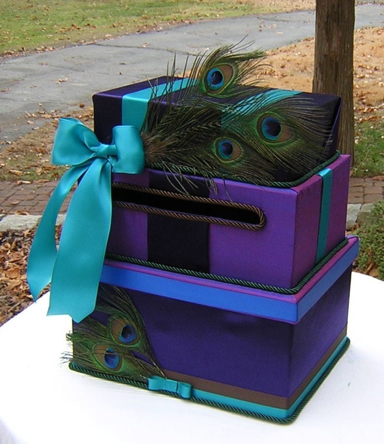 Three Tiered Wedding CARD Money BOX Lapis PEACOCKS Dupioni Silk