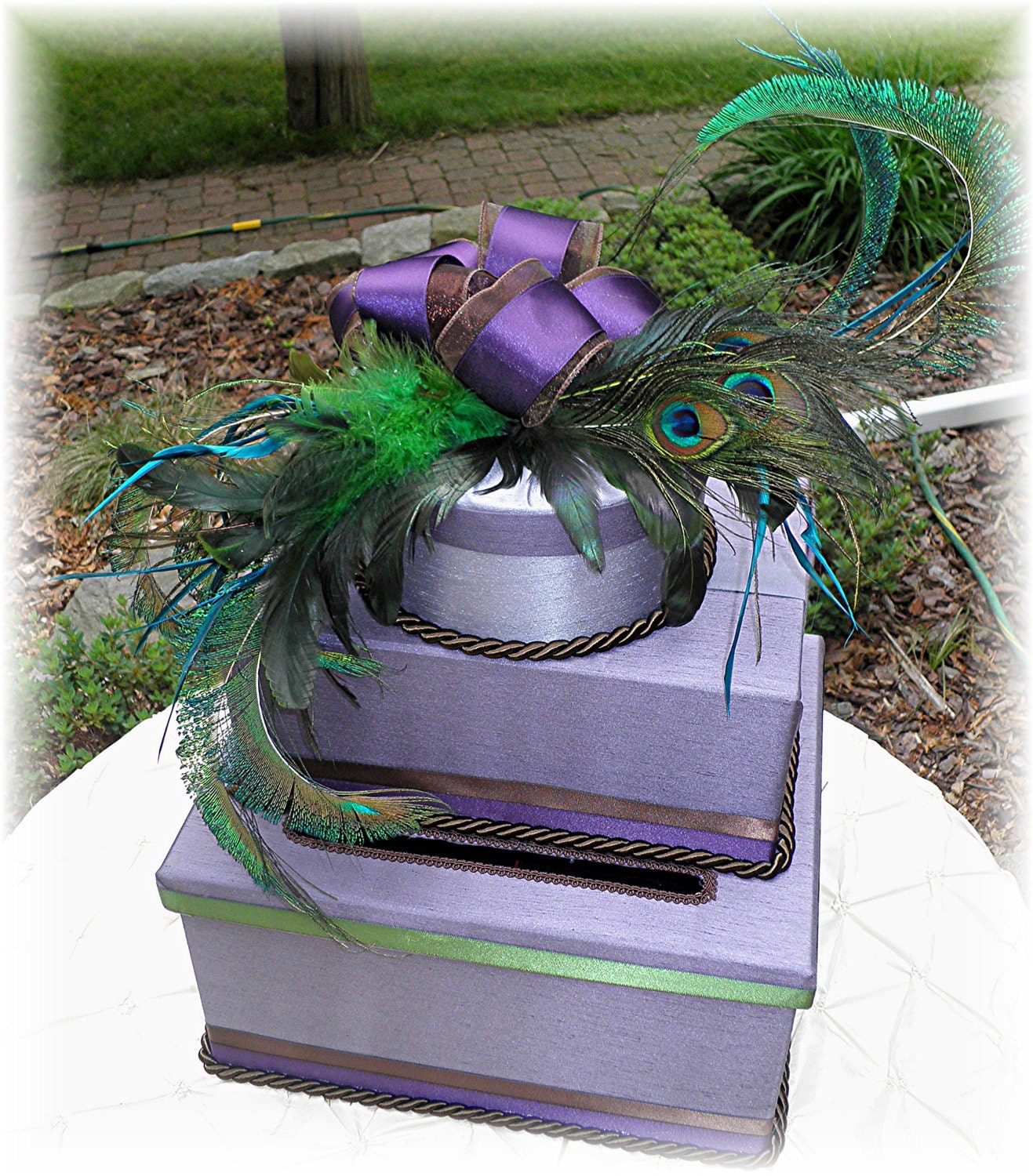 Peacock Plumed Wedding Card Money Box  CUSTOMIZE Your Colors  Ready To Ship