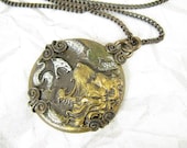 Lion Battles Snake Necklace, Hand Painted Gold and Silver, Brass Chain Necklace