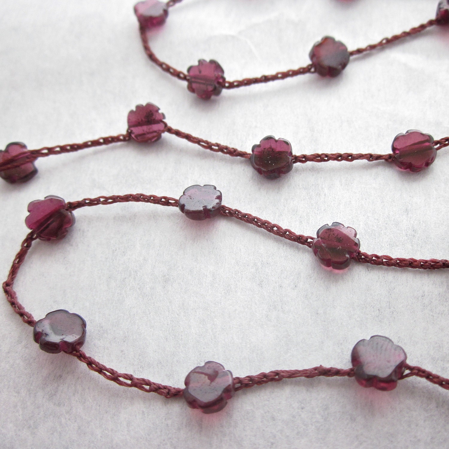 Simple Garnet Flower bead crocheted gemstone necklace