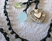 Heart and Sparkle crocheted beaded charm necklace with front closure 17"