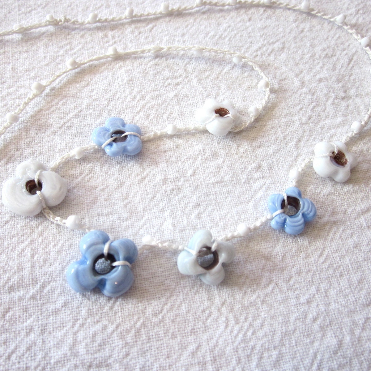 Snowdrop Flower Chain beaded crocheted necklace in pale blue and white