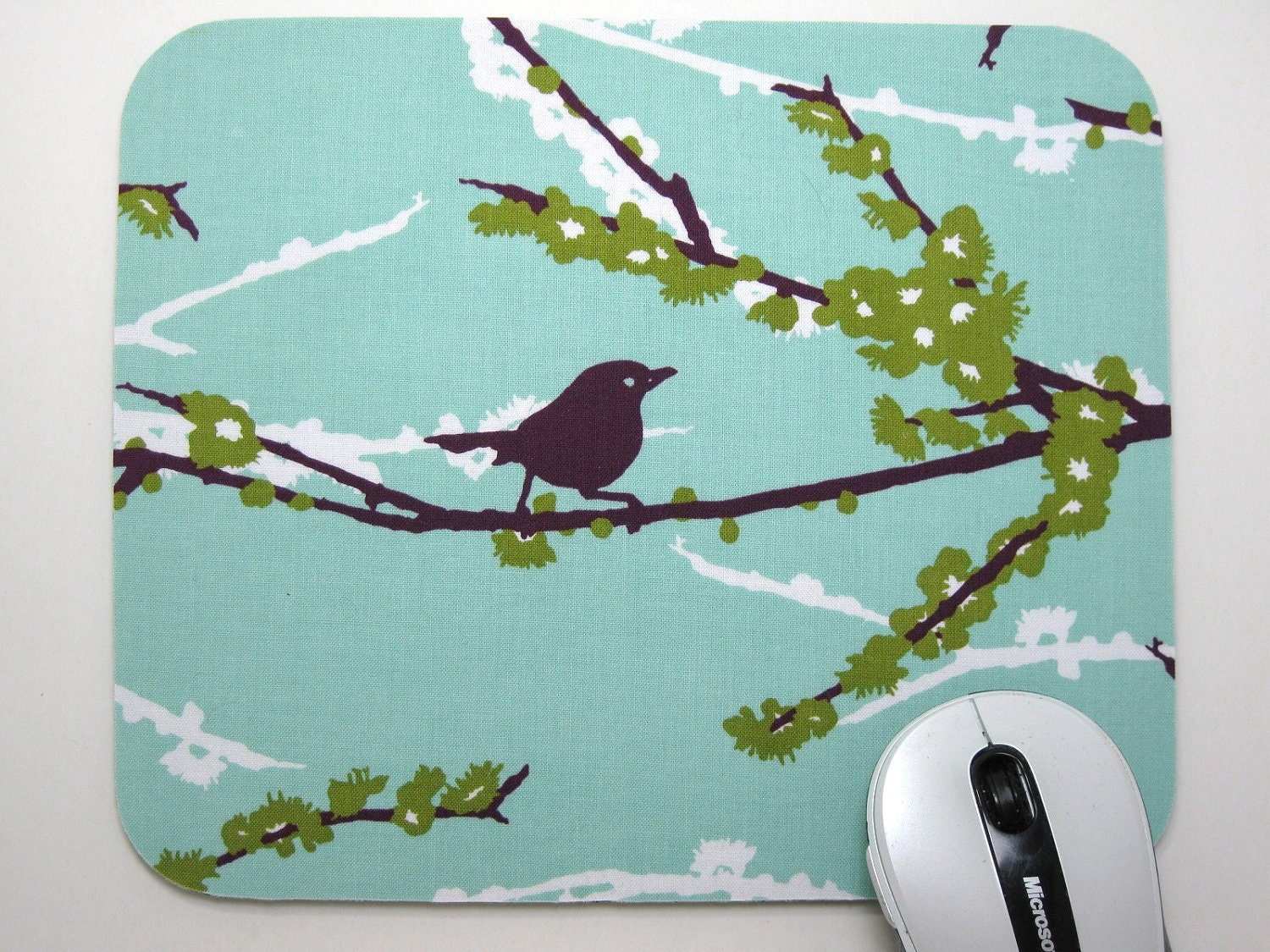 Mouse Pad, Computer Mouse Pad, Fabric Mousepad      Plum Sparrows on Mint