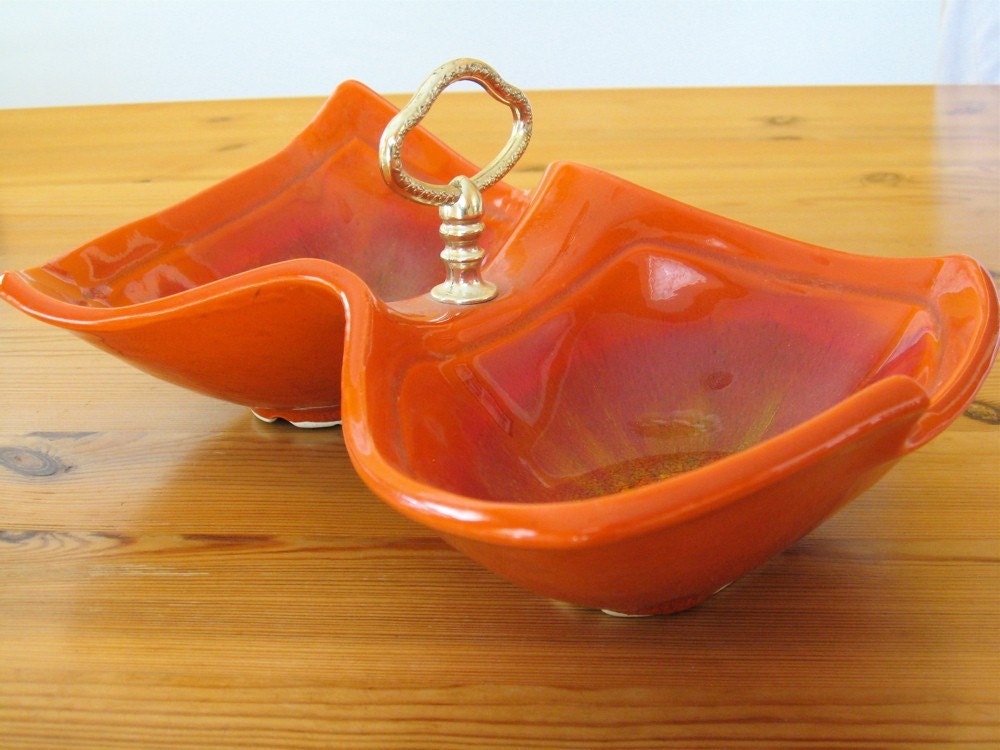 Vintage California Pottery Burnt Orange Divided Server