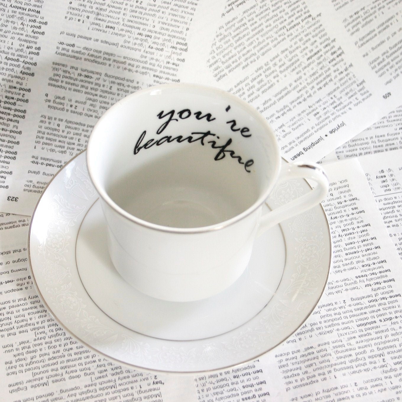 You're Beautiful white teacup and saucer set