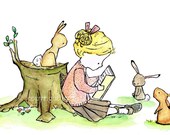 bunny and books room decor  -- Story Girl very blonde-- 8x10 Archival Art Print