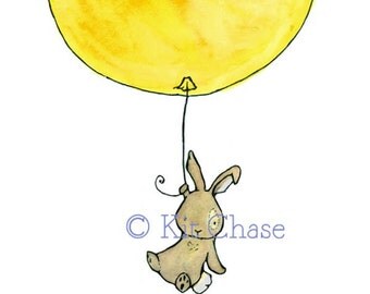 Nursery Art -- Bunny Balloon in Lemonade 5x7 -- Art Print