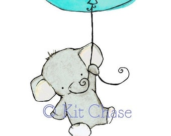 Nursery Art Print 5x7 Flying High  with an Aqua Balloon