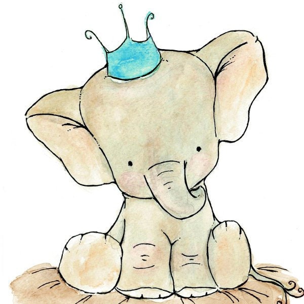 Nursery Art --  Royal Elephant Aqua Crown 11x14 -- Art Print