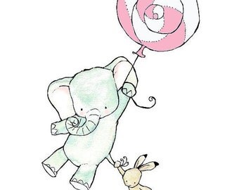 Baby Art -- Come Fly With Us Pink balloon on white -- 5x7 -- Art Print -- elephant and bunny