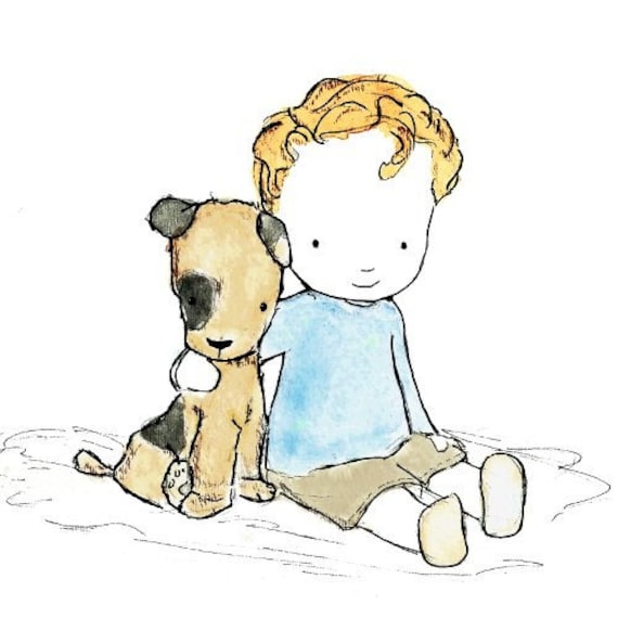 baby boy nursery art -- Best Buddies blond boy-- 5x7 Archival Art Print