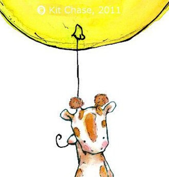 SOARING a baby giraffe and a yellow balloon 8x10 Nursery Art Print