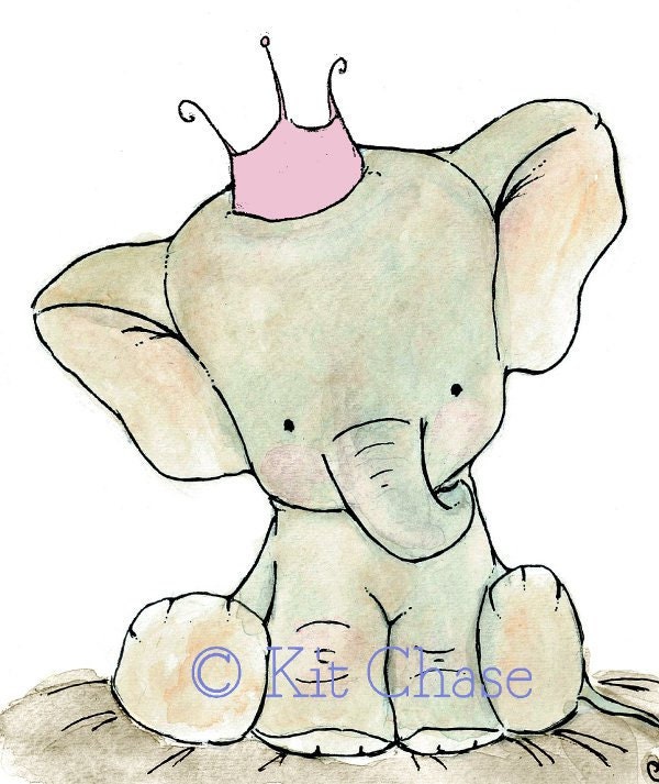 Nursery Art Print 5x7 Royal Elephant with a Cotton Candy Crown