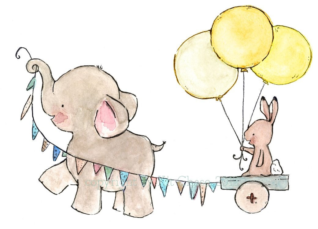 baby elephant and bunny decor--- JOYRIDE sunishine-- 8x10 Archival Art Print
