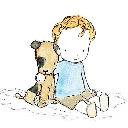 baby boy nursery art -- Best Buddies blond boy-- 5x7 Archival Art Print