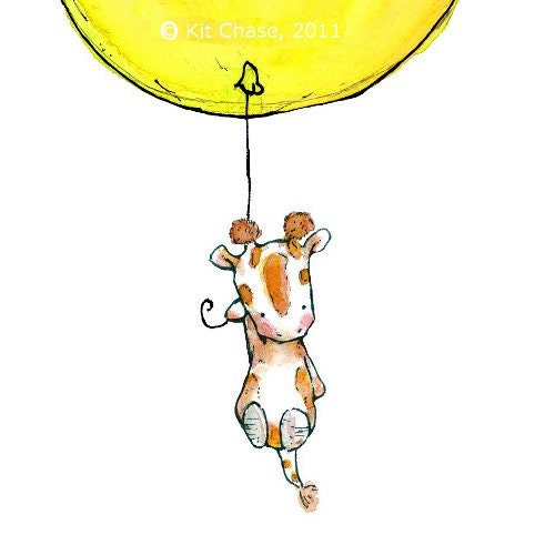 SOARING a baby giraffe and a yellow balloon 8x10 Nursery Art Print