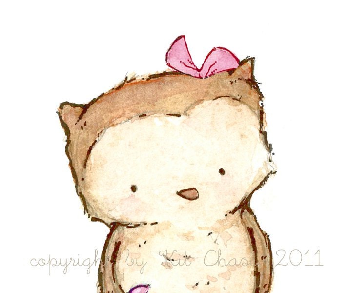 Little Owl in soft baby pink 8x10 Nursery Art Print for Baby and Children by trafalgarssquare