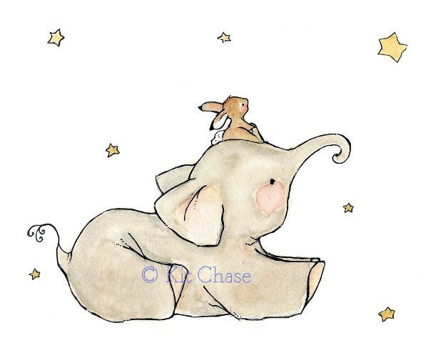 Wish Upon A Star elephant and rabbit--8X10 Art Print for baby