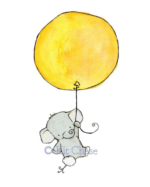Children's Art Print -- 11x14 -- Flying High Elephant with a honey mustard balloon