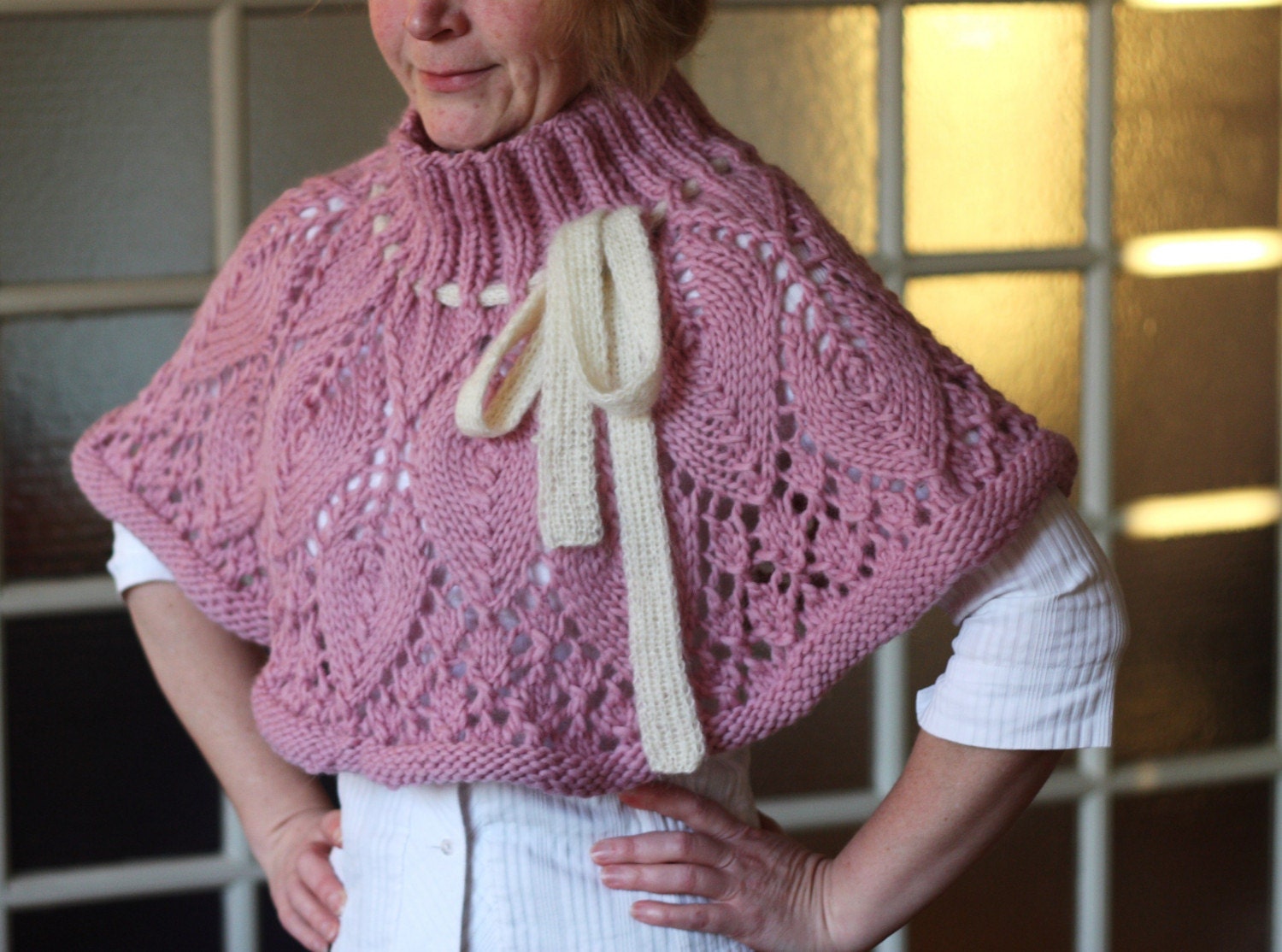 Lovely Hand Knit Lacy Leaf Capelet