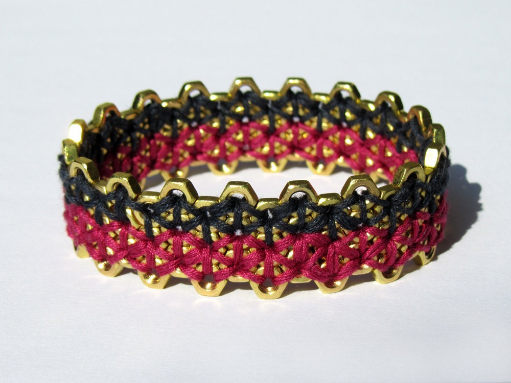 Statement industrial geometric mesh tennis bracelet, loop of brass hex nuts and cotton, charcoal gray and fuxia - Made to order