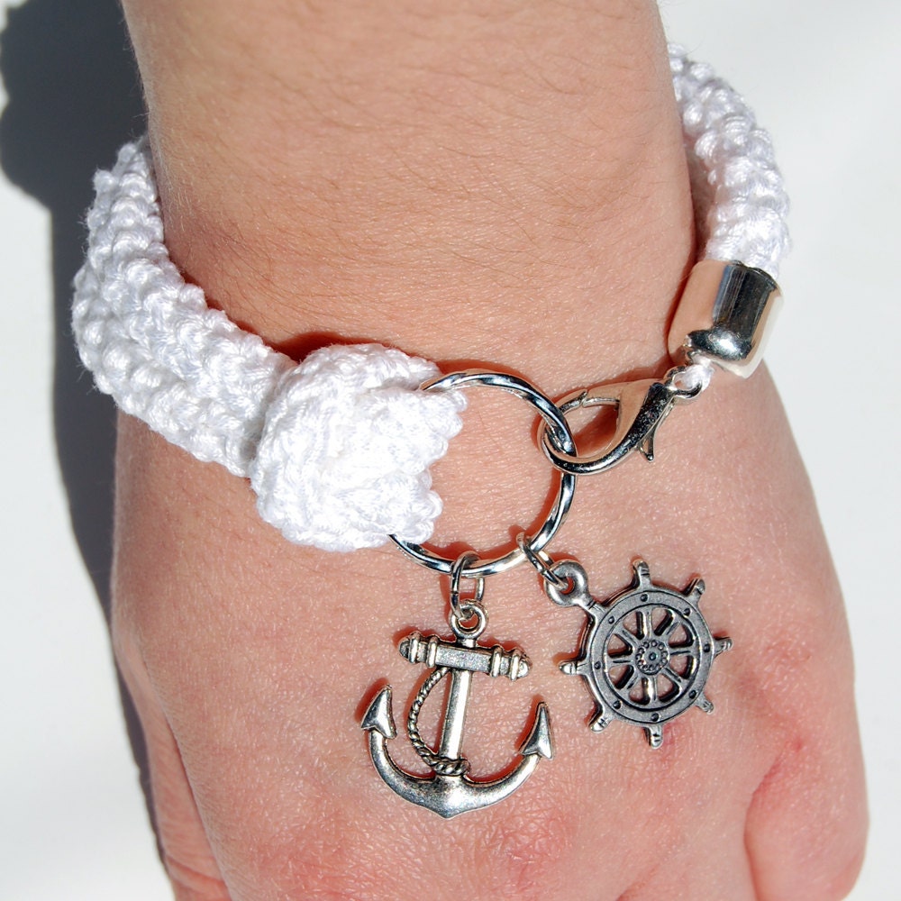 Nautical bracelet, white crochet, silver rudder and anchor - made to order