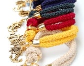 Nautical bracelet, deep red crochet, gold plated rudder and anchor - ready to ship