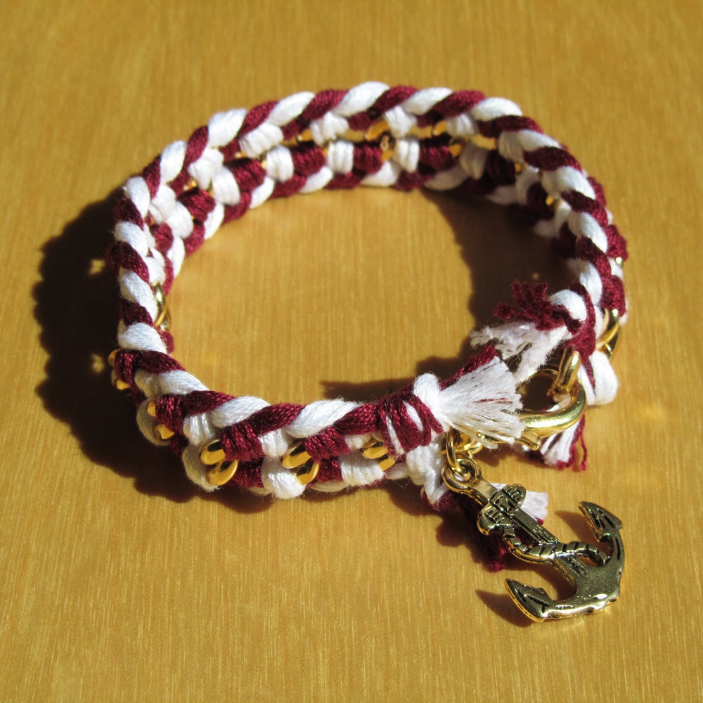 Nautical bracelet, white, red and gold chain, and an anchor charm - Made to order