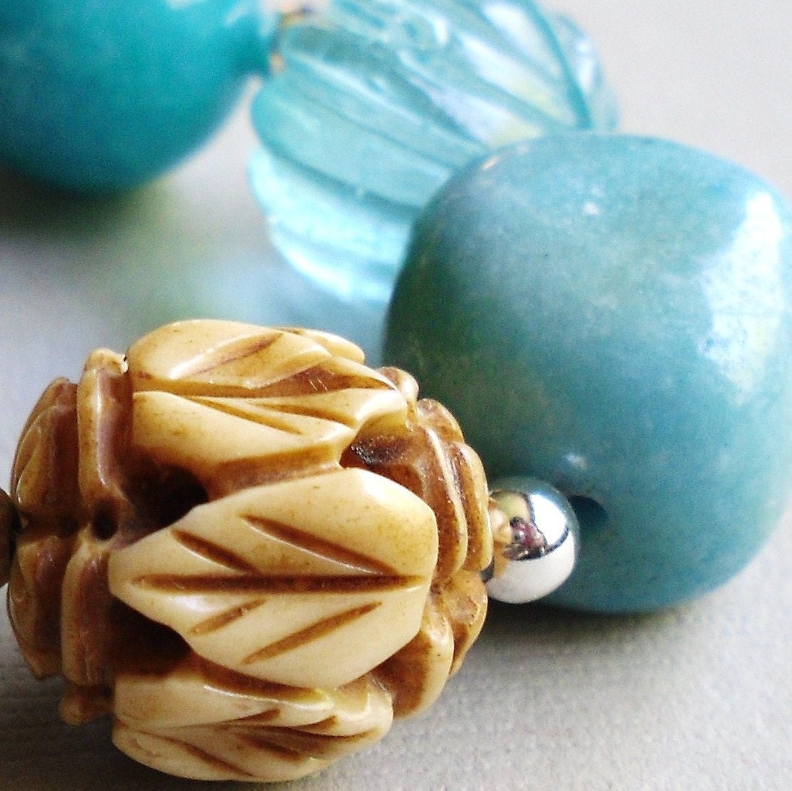 Aqua Blue Gemstone Beaded Bracelet . Tan Chunky Bamboo Coral . Cream Jasper Jewelry . Turquoise Jade - Sand and Sea II Handmade Bracelet