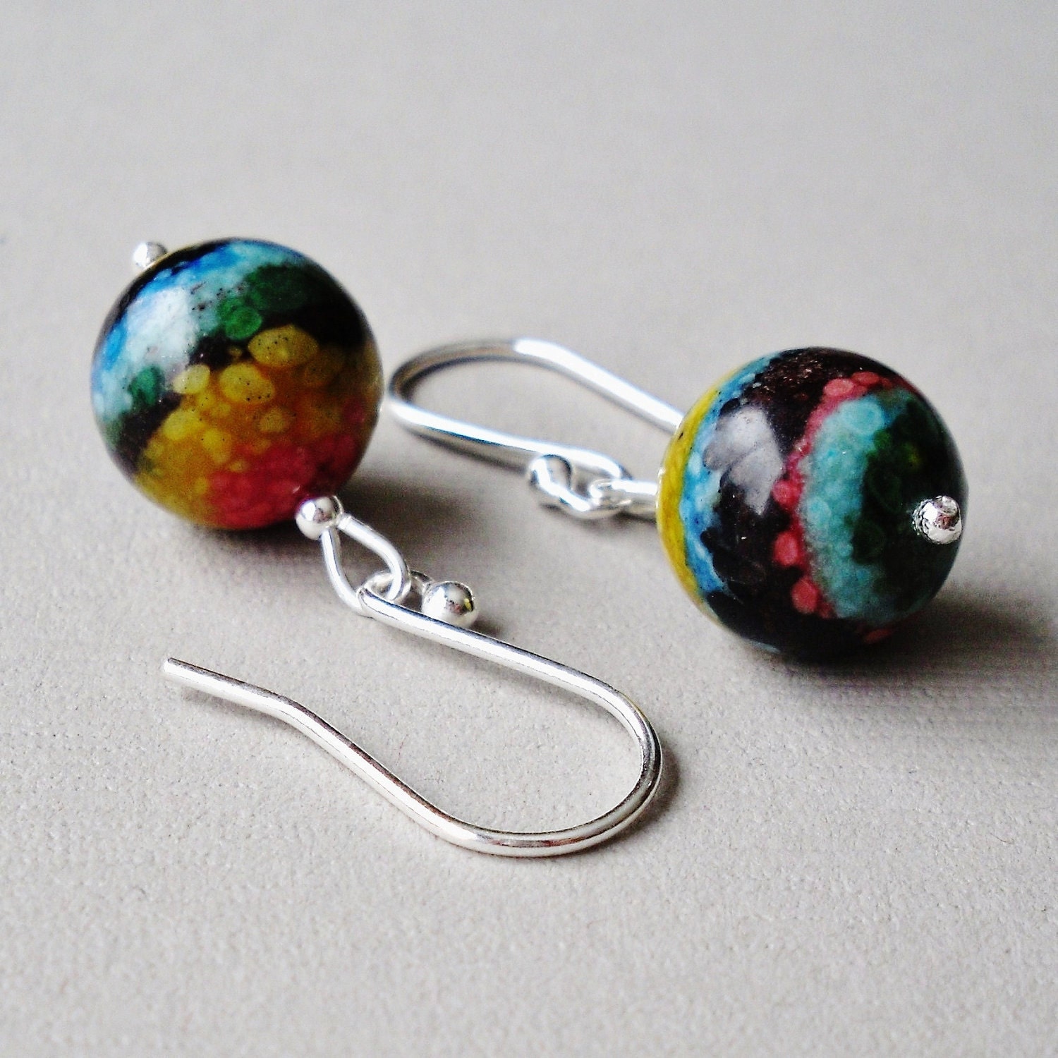 Rainbow Beaded Earrings . Round Sterling Silver . Chunky Colorful Dangle Jewelry - Eternity Handmade Earrings