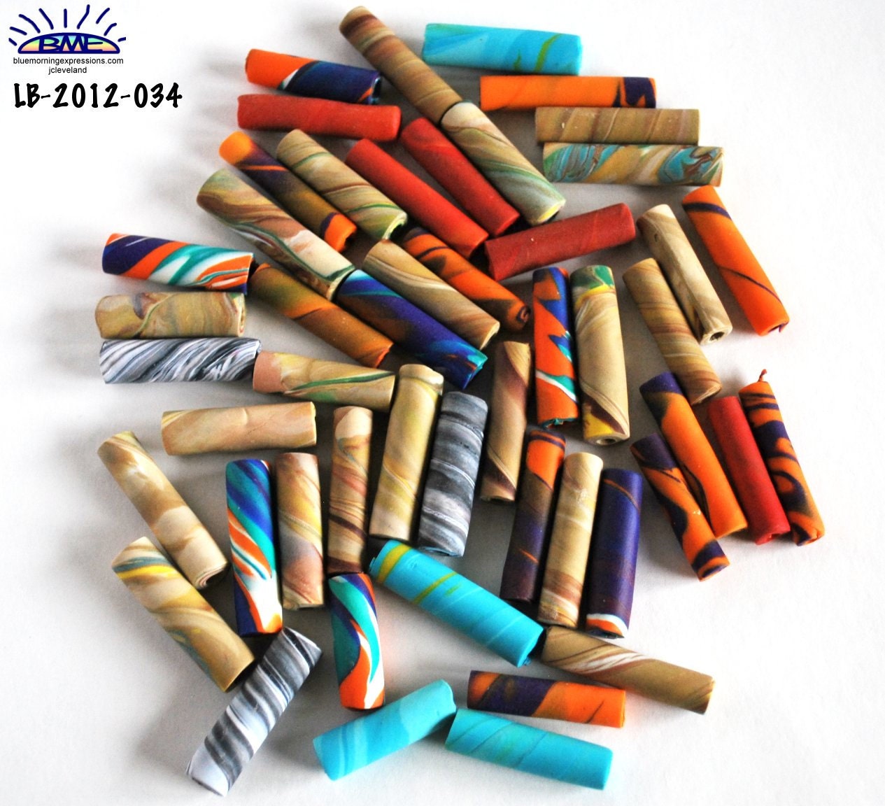 Beads Tube Polymer Clay Stripe Handmade Teal Brown Orange