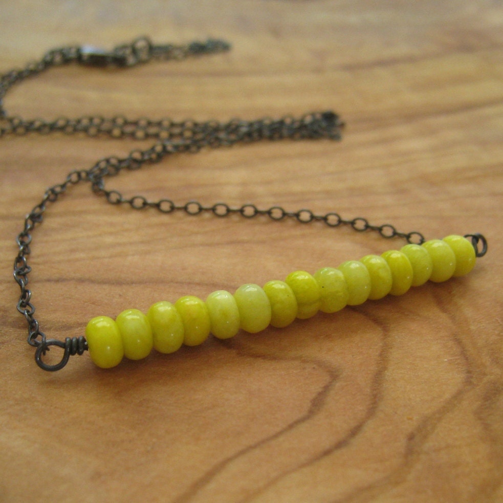 Oxidized Sterling Silver Necklace - Yellow Jade Beaded Pendant - Simple Modern Minimal Necklace