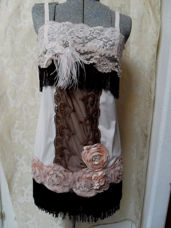 ROARING 20s Flapper Girl 1920s Fringe Jazz Age Speakeasy Great Gatsby - Vintage Slip Make Over - Chocolate and Pink