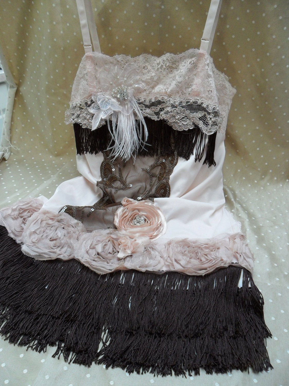 ROARING 20s Flapper Girl 1920s Fringe Jazz Age Speakeasy Great Gatsby - Vintage Slip Make Over - Chocolate and Pink