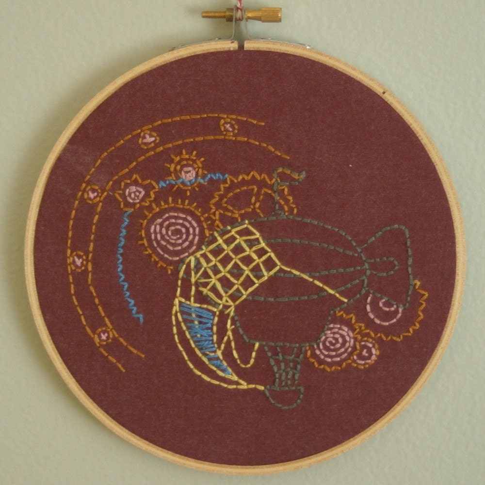 Hand Embroidered Dirigible on Burgundy in 6 inch Hoop