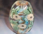 Handmade Lampwork Glass Art Floral Focal Bead PEACH SUEDE in AQUA Turquoise Blue sra