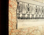 ARTWORK. Wooden Block MapArt Made Using a 1900 map of Northwest France and a French Architectural Engraving from the early 1800s.
