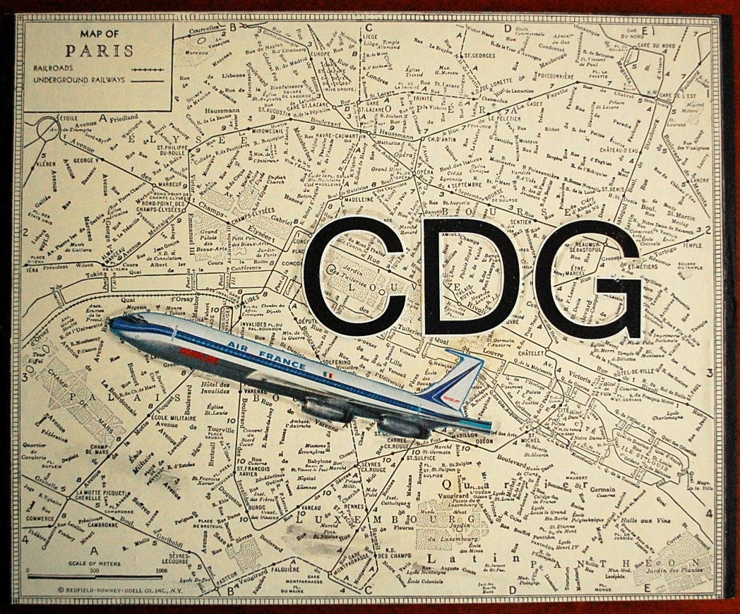 ARTWORK. Up in the Air Series. CDG. Charles de Gaulles Airport, Paris, France. Wooden Block MapArt