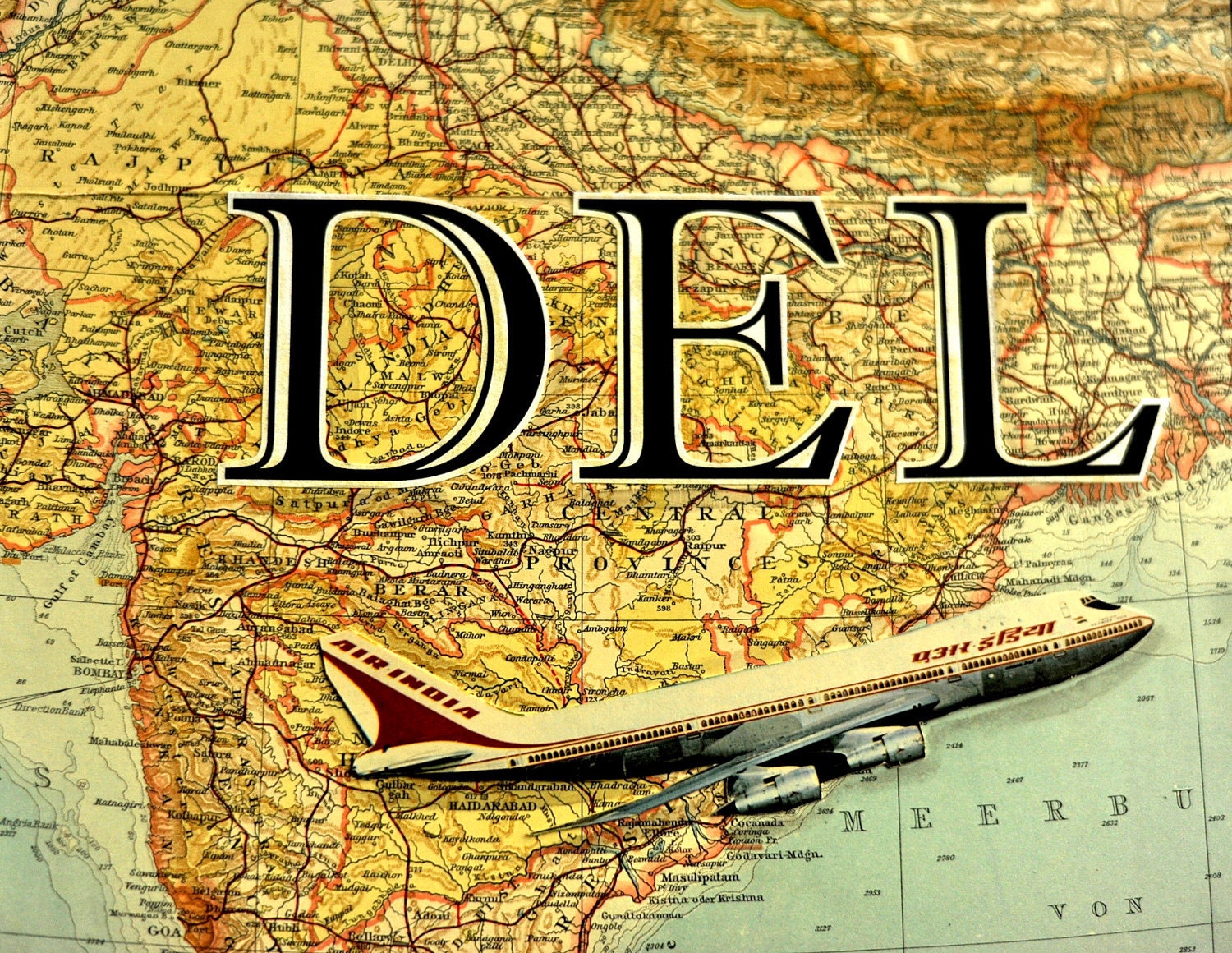 ARTWORK. Up in the Air Series. DEL. Delhi Airport, India. Wooden Block MapArt using a 1906 map