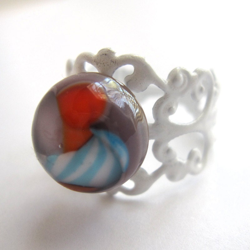 Mauve, Orange and Blue Lampwork Glass Protozoan Ring