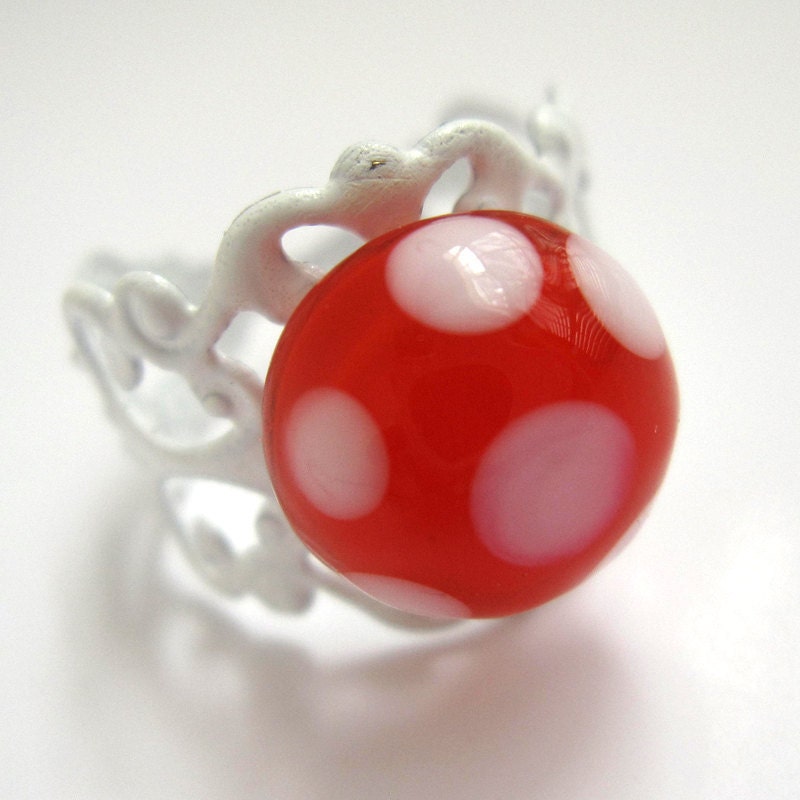 Cherry Red with White Polka Dots Lampwork Glass Protozoan Ring