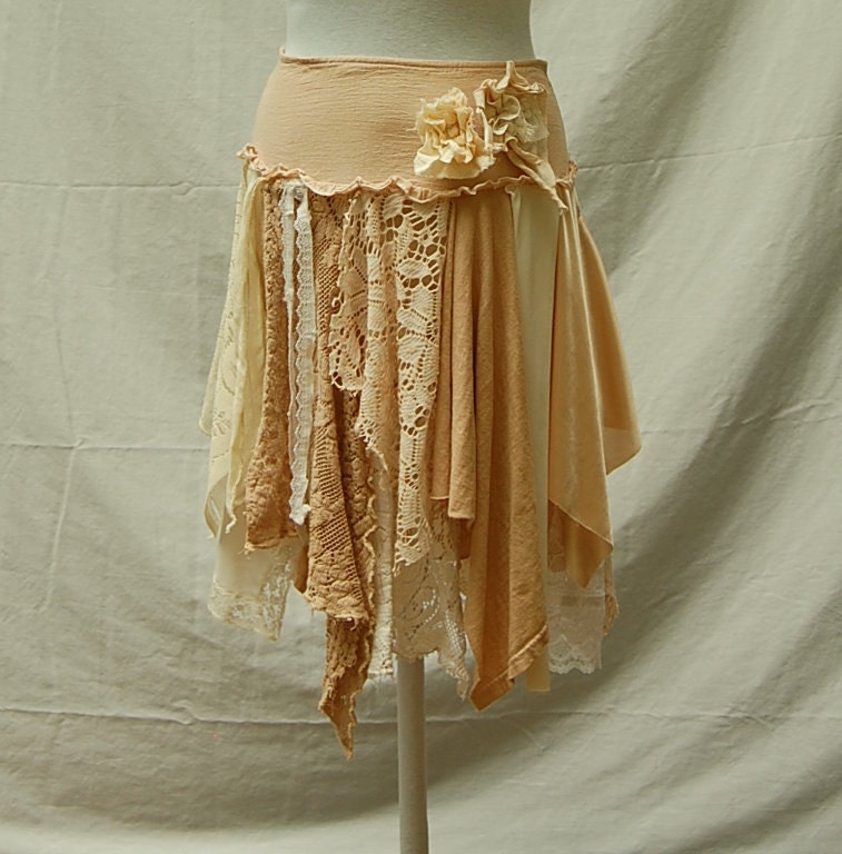 Tattered Lace Fairy Woodland Skirt- Funky, Hippie, Boho, Mori Girl, Shabby Cottage Chic, Eco Earth Friendly, Upcycled Clothing