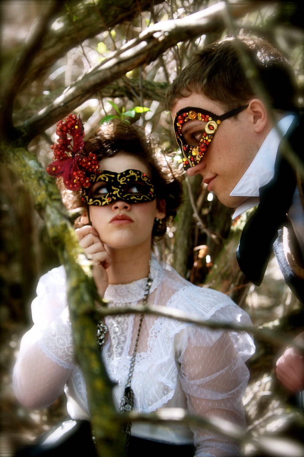 RESERVED - Pair of Custom Masquerade Steampunk Goblin Masks in Black and Red