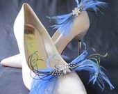 Blue Ostrich And Peacock Feather Adorned With Rhinestone Shoe Clips