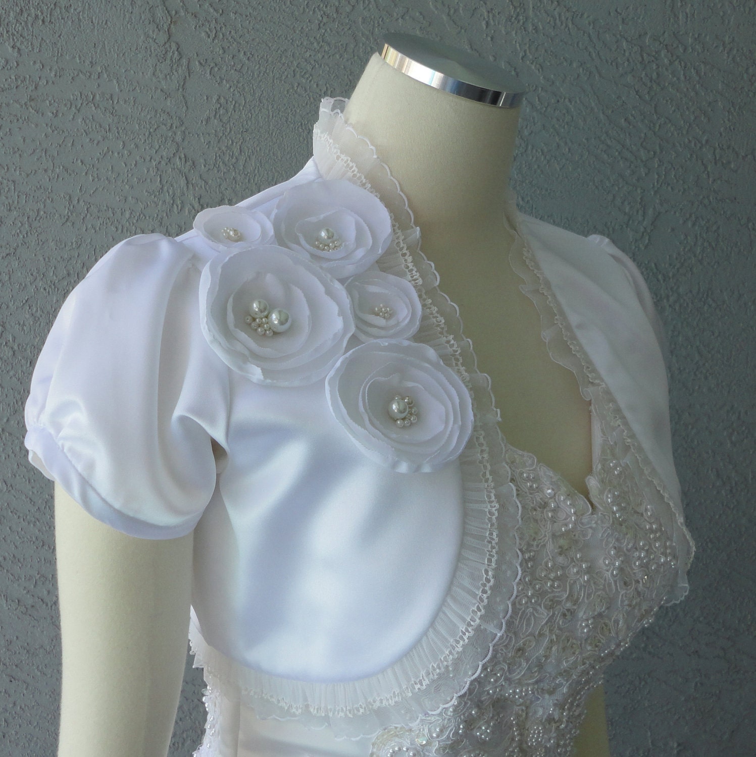 Wedding Bolero Shrug White Satin With Faux Pearls And Lace Trim ALL SIZES AVAILABLE