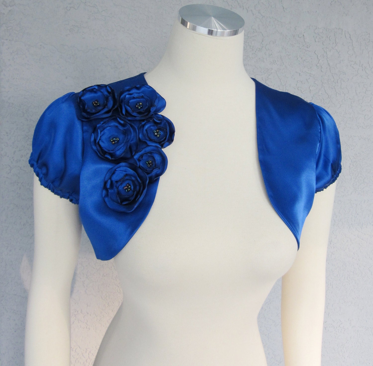 Royal Blue Satin Bolero Shrug With Flowers and Beads Made to Order