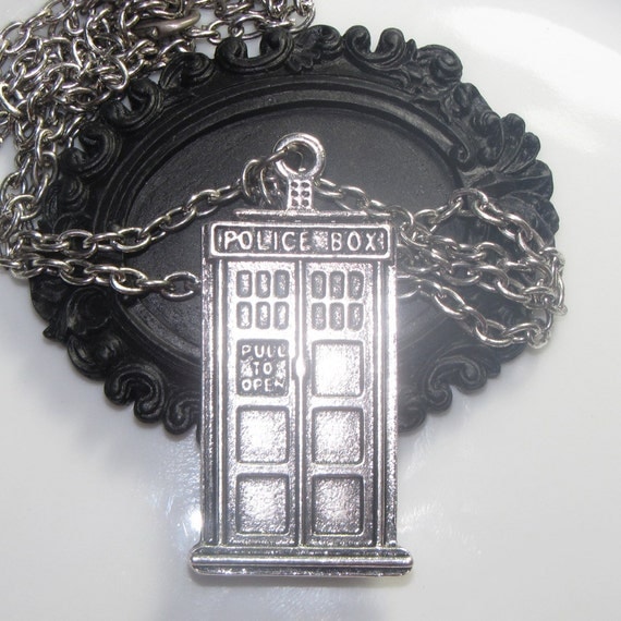 Doctor Who Tardis Police Box Necklace - Unisex Mens or Womens - Long 24 inch chain
