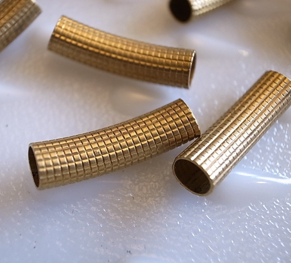 6 pieces of vintage old stock cut raw brass tube checker texture curve