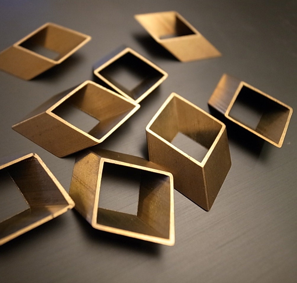 6 pieces of vintage old stock cut raw brass tube outline charm in rhombus  3d square geometric shape